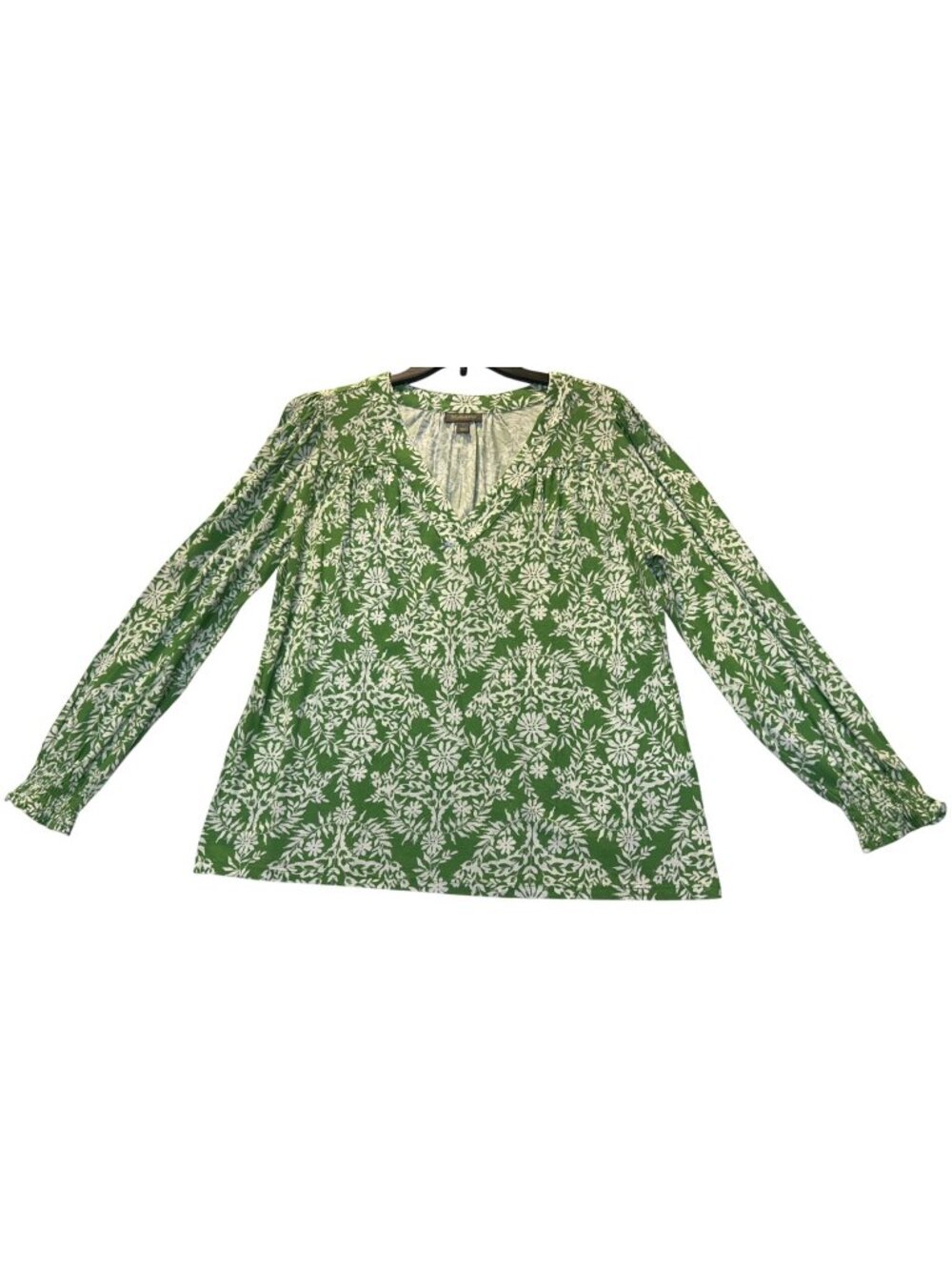 Style & Co Medium Floral Long Sleeve V-Neck Shirt Green Cotton Blend